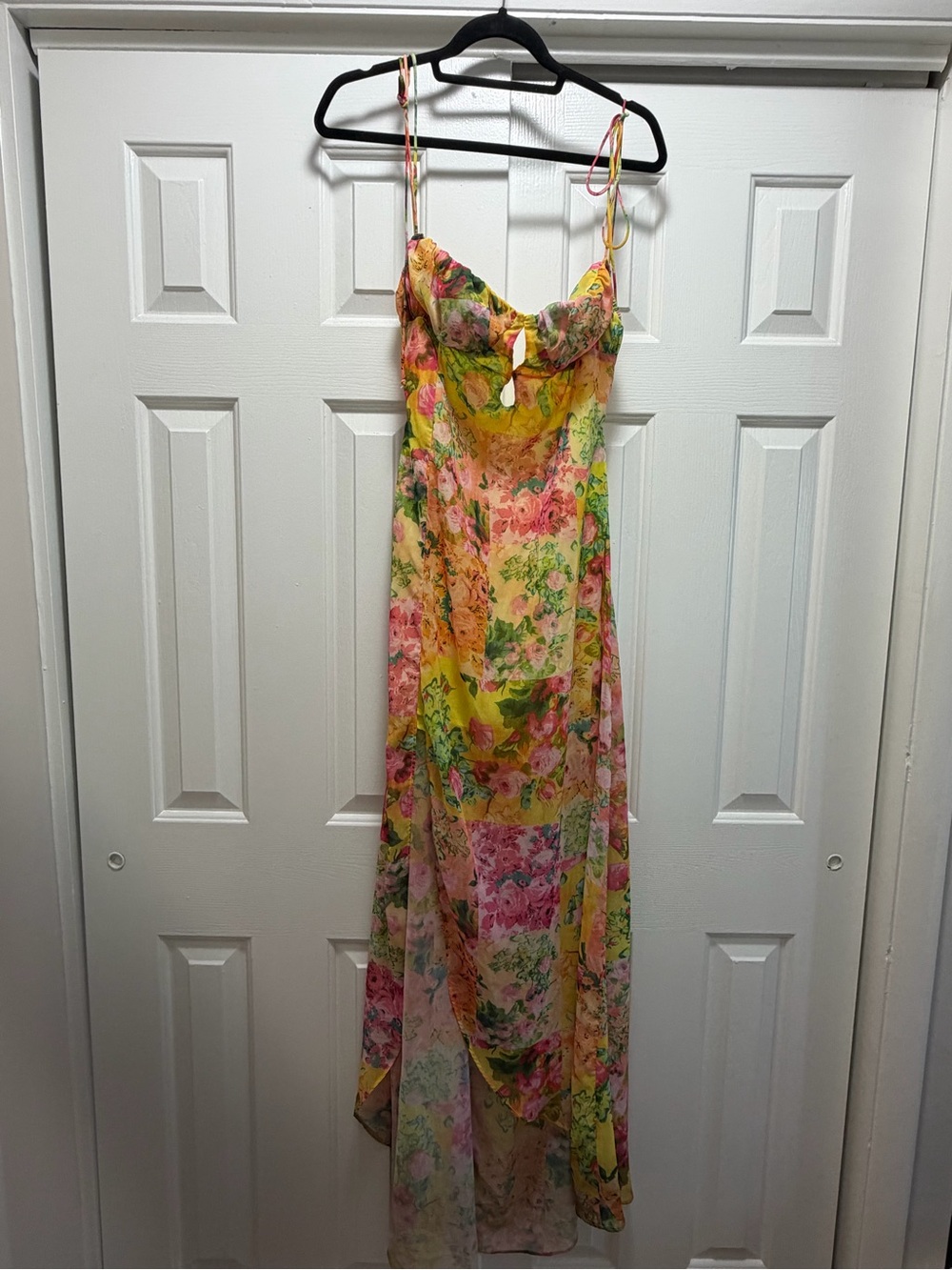 Floral Yellow Pink Maxi Dress with Sweetheart Neckline